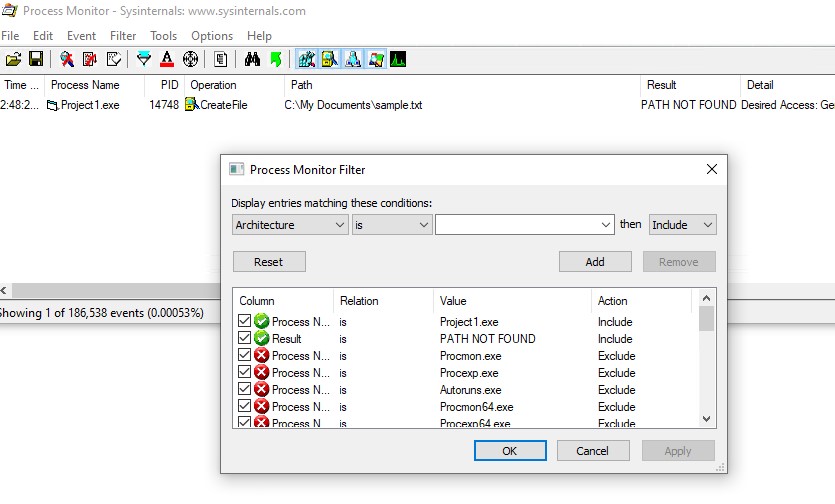 how to use process monitor to find access denied