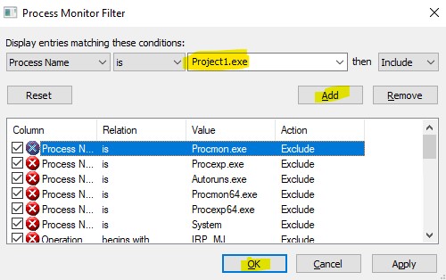 Configuring the filters in ProcMon